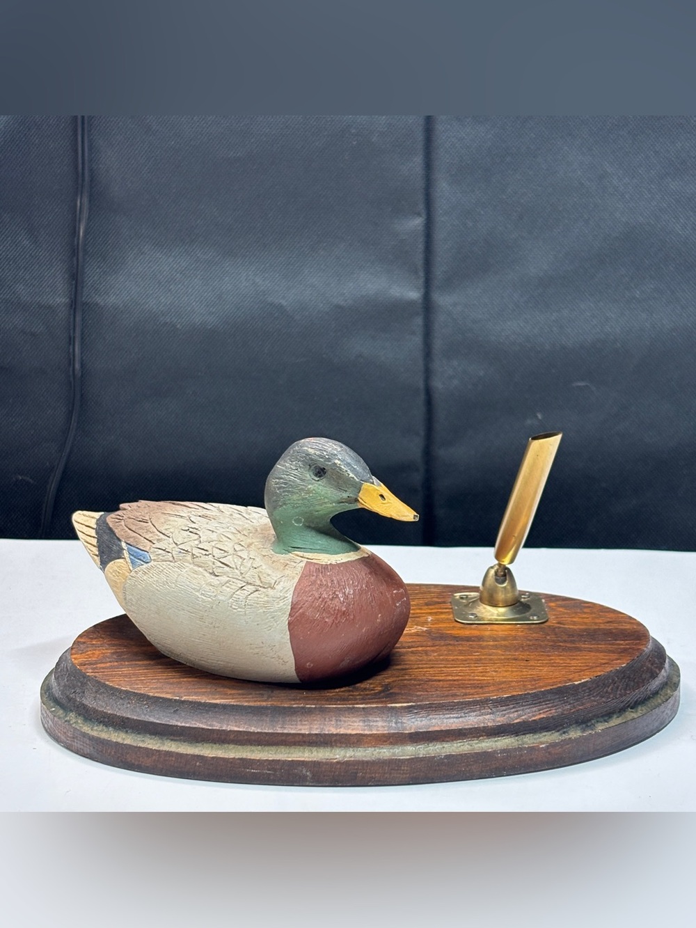 vintage wooden desk pen holder featuring a hand-carved mallard duck grandma core